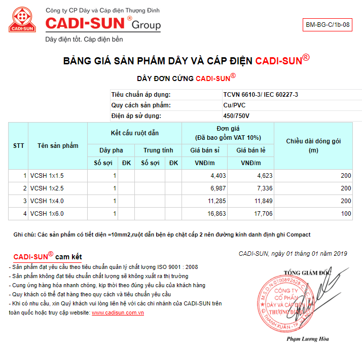 bảng giá dây đơn cứng cadisun VCSH 1X