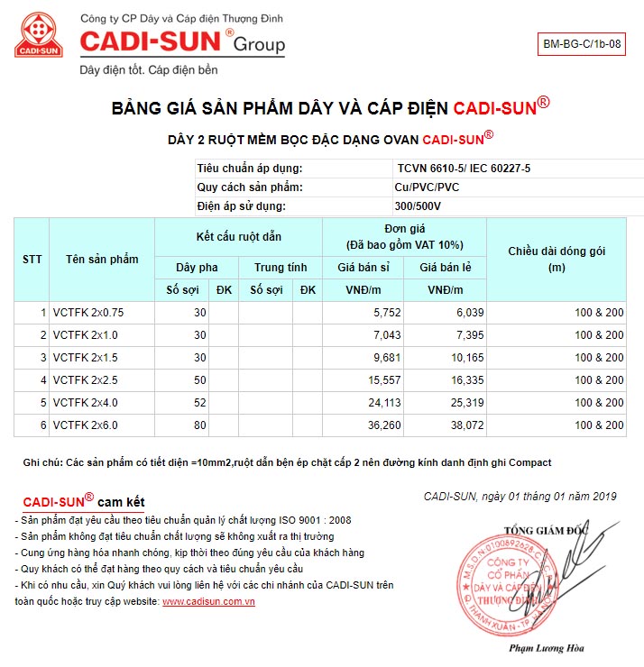 bảng giá dây đôi ruột mềm dẹt VCTFK 2x
