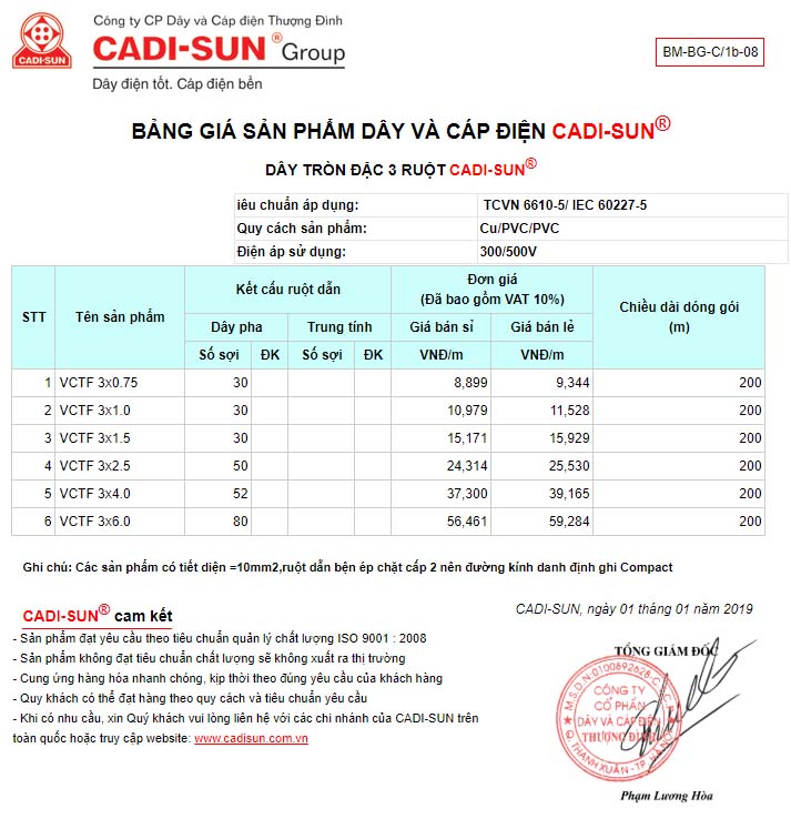 bảng giá Dây tròn 3 ruột mềm cadisun – VCTF 3x