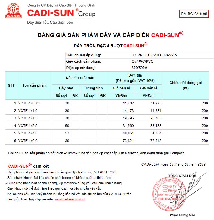 bảng giá Dây tròn 4 ruột mềm cadisun – VCTF 4x