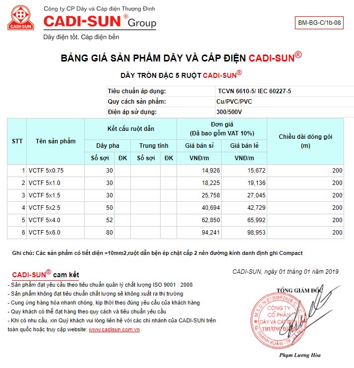 bảng giá dây tròn 5 ruột mềm cadisun - VCTF 5x