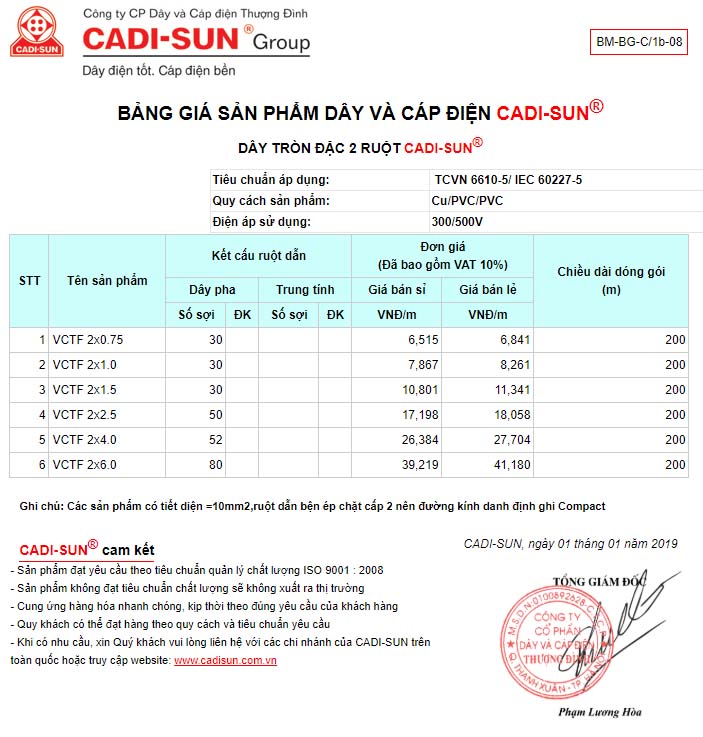 Bảng giá Dây tròn 2 ruột mềm cadisun – VCTF 2x