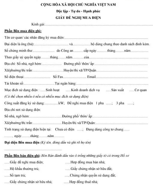 Đơn xin lắp điện 3 pha
